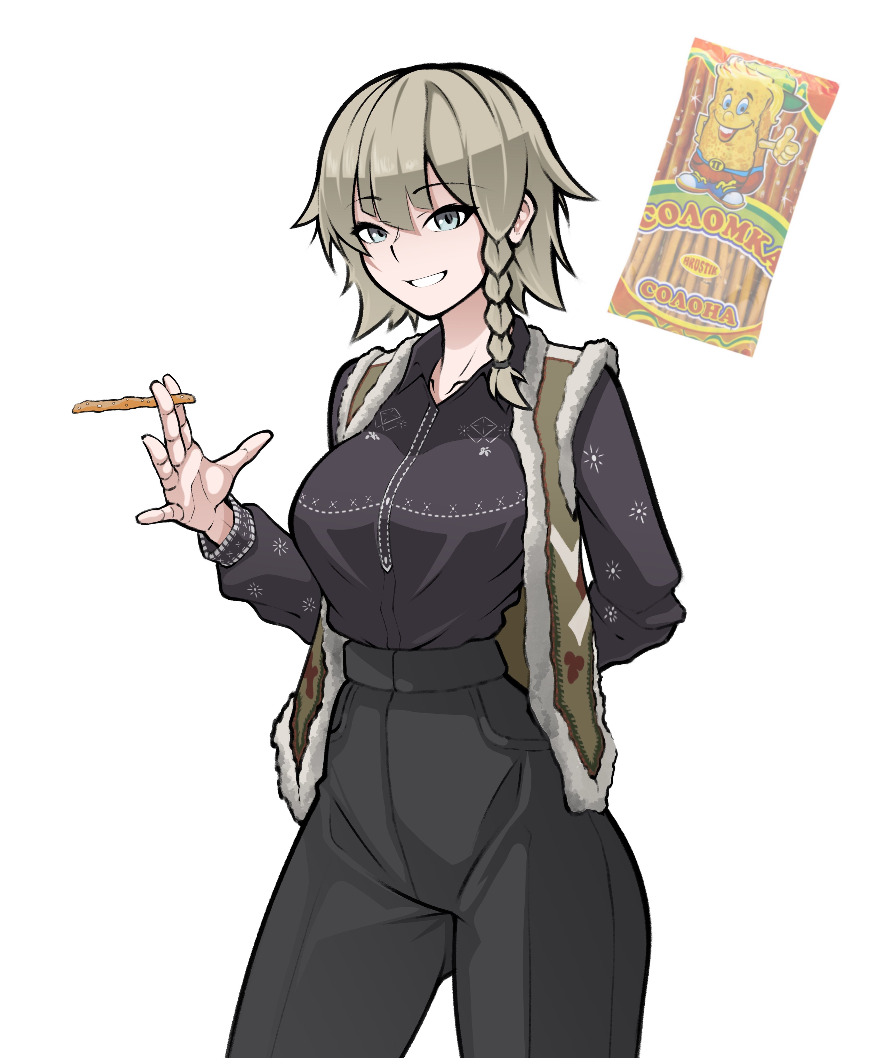 arbor spirit, original, absurdres, highres, translated, 1girl, arm behind back, asymmetrical sidelocks, black shirt, blonde hair, blue eyes, blunt bangs, braided sidelock, breadstick, cowboy shot, embroidery, hair behind ear, jacket, long sleeves, looking at viewer, messy hair, myroslava bozhuk, narrow waist, open clothes, open jacket, photo inset, shirt, sidelocks, sleeveless, sleeveless jacket, smile, teeth, ukrainian clothes, ukrainian text, upper teeth only, vyshyvanka, wide hips