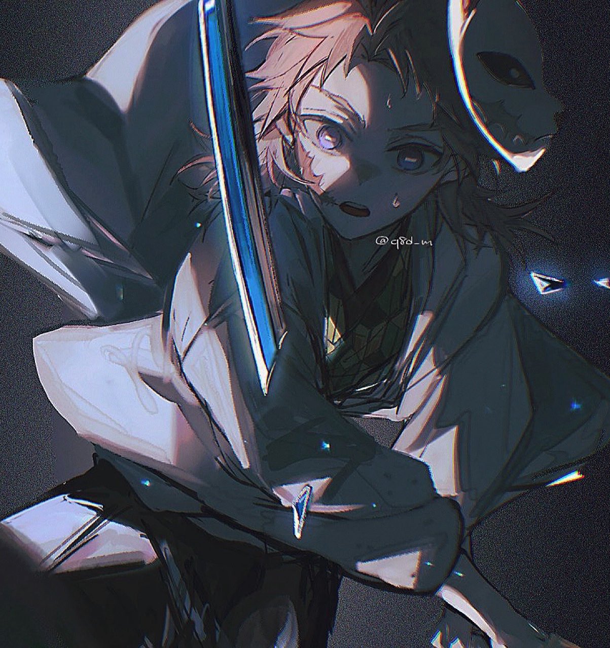 sabito (kimetsu), kimetsu no yaiba, highres, 1boy, broken, broken sword, broken weapon, facial scar, fox mask, green kimono, grey background, haori, japanese clothes, katana, kimono, long hair, looking at viewer, male focus, mask, orange hair, print kimono, purple eyes, q8d m, scar, scar on cheek, scar on face, solo, sweat, sword, twintails, weapon, white haori