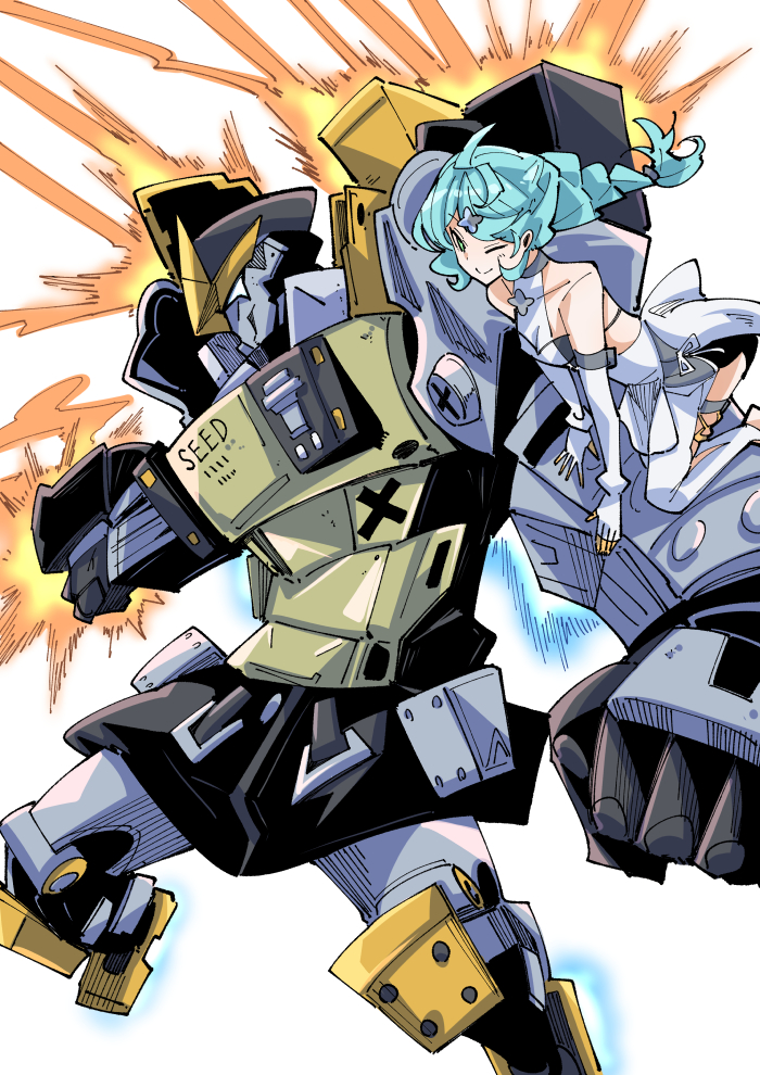 nodachi (nodati51), seed (zenless zone zero), zenless zone zero, blue hair, dress, mecha, military uniform, military vehicle, robot, seed sr., white dress