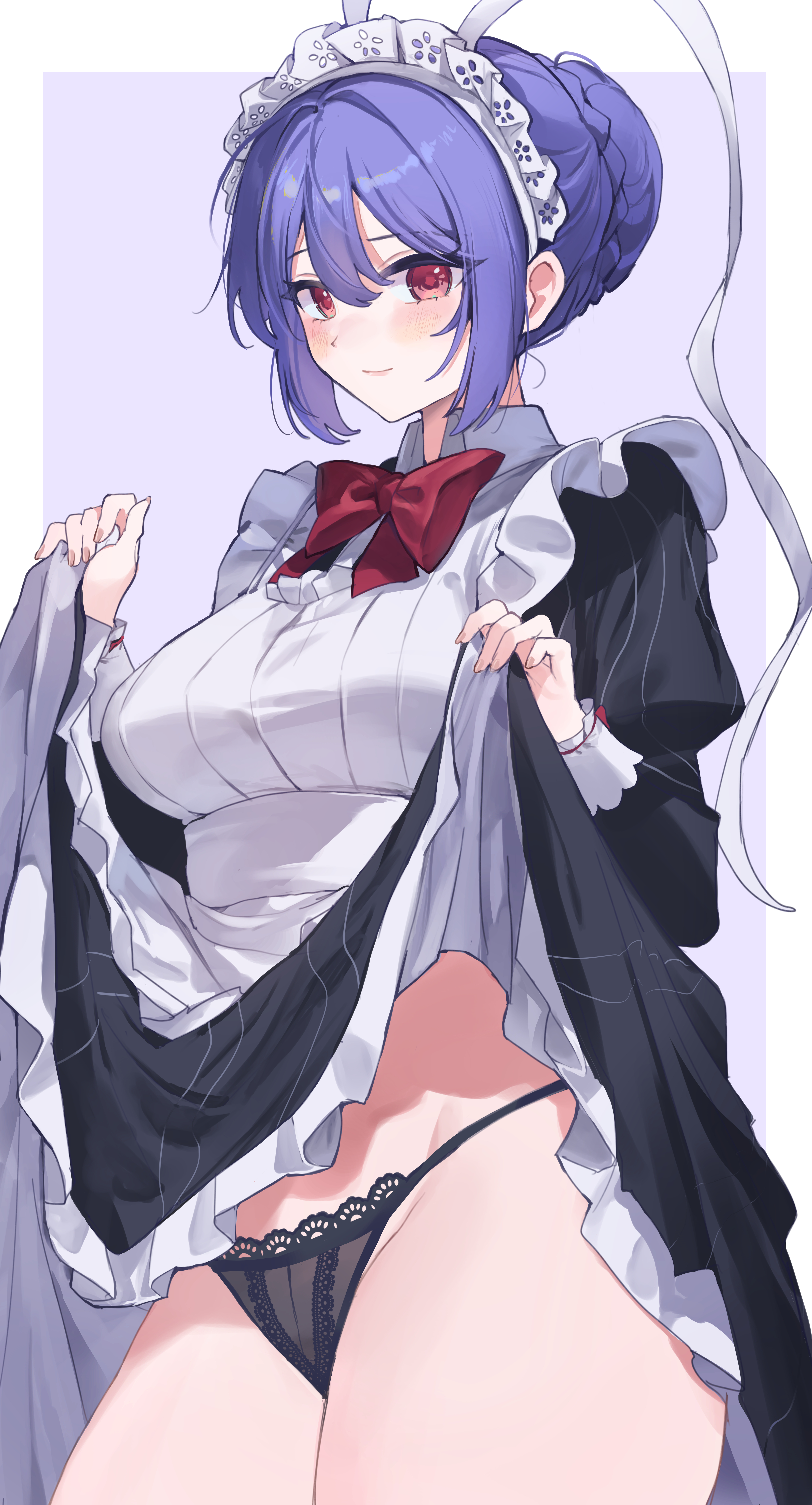 sarukana, nagae iku, touhou, absurdres, commentary request, commission, highres, pixiv commission, 1girl, alternate costume, alternate hairstyle, apron, black dress, black panties, blue hair, blush, bow, bowtie, breasts, closed mouth, dress, enmaided, hair between eyes, hair bun, juliet sleeves, large breasts, long sleeves, looking at viewer, maid, maid apron, panties, puffy sleeves, red bow, red bowtie, red eyes, ribbon, single hair bun, skirt hold, smile, solo, thighs, underwear, white apron, white ribbon