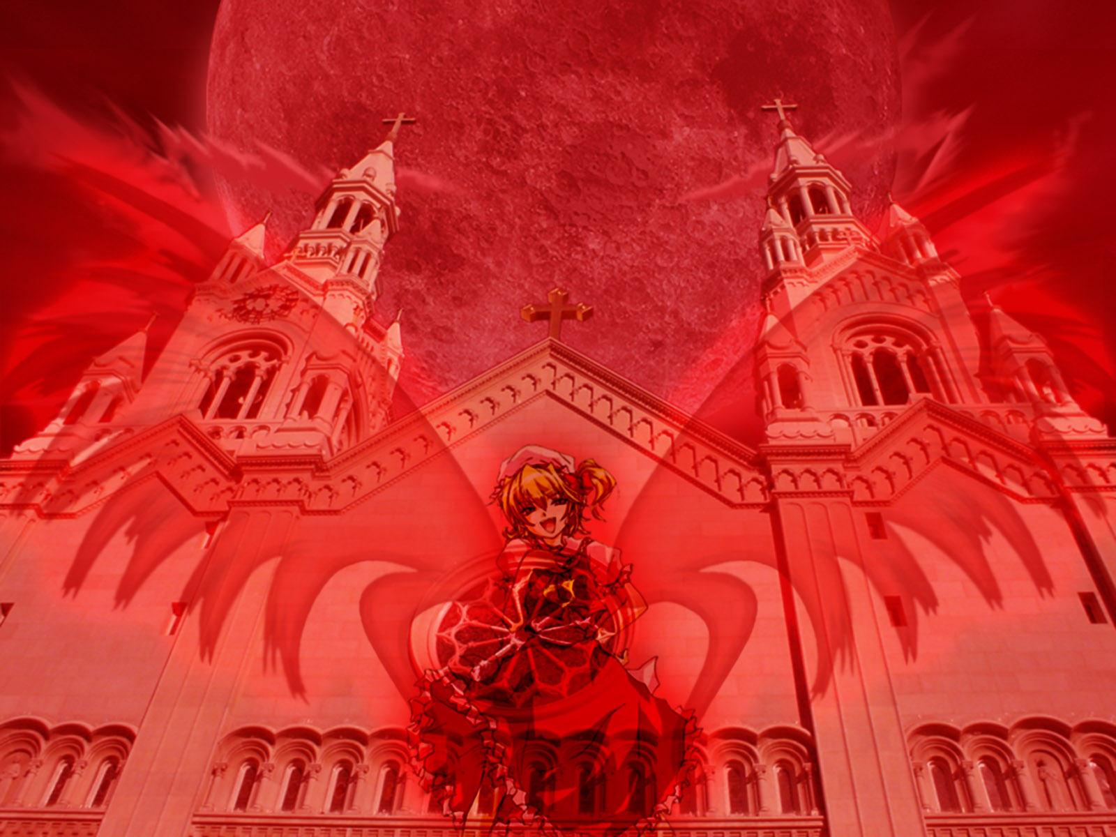 flandre scarlet, touhou, highres, 1girl, blonde hair, building, demon wings, dress, female focus, flying, looking at viewer, mansion, red dress, red eyes, red wings, scarlet devil mansion, short hair, solo, vampire, wings