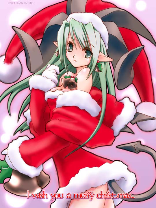 nasca, ongaku nasca, jpeg artifacts, 1girl, bare shoulders, bat wings, bell, bell earrings, breasts, christmas, cleavage, demon girl, demon tail, dress, earrings, english text, female focus, fur trim, gloves, green eyes, green hair, hat, horns, jewelry, large breasts, long hair, looking back, matching hair/eyes, merry christmas, open mouth, pointy ears, santa costume, short dress, solo, standing, strapless, strapless dress, tail, white gloves, wings