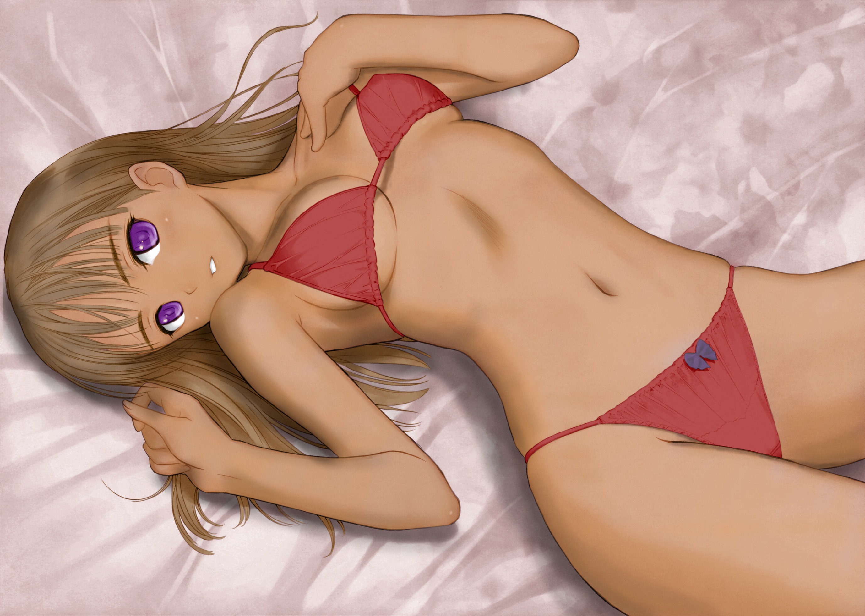 tony taka, highres, third-party edit, 1girl, bikini, brown hair, dark-skinned female, dark skin, female focus, long hair, purple eyes, solo, string bikini, swimsuit, tan