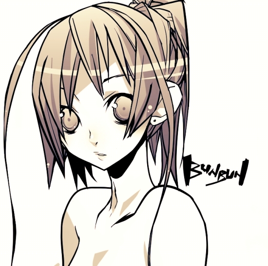 bunbun, derivative work, vector trace, 1girl, artist name, brown eyes, brown hair, female focus, looking at viewer, medium hair, ponytail, portrait, simple background, solo, upper body, white background
