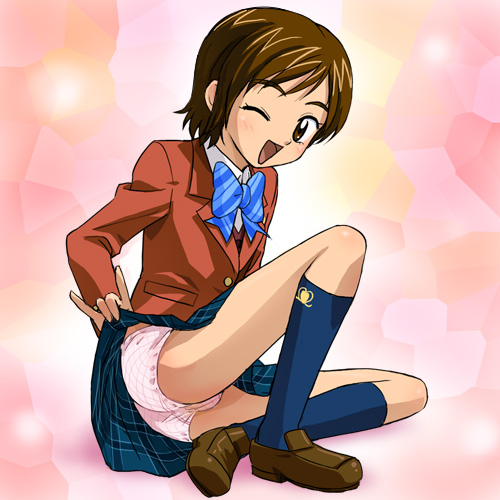 haruyama kazunori, tabata nao, futari wa precure, precure, lowres, 00s, brown hair, clothes lift, kneehighs, one eye closed, panties, pantyshot, school uniform, serafuku, short hair, skirt, skirt lift, socks, solo, underwear, wink