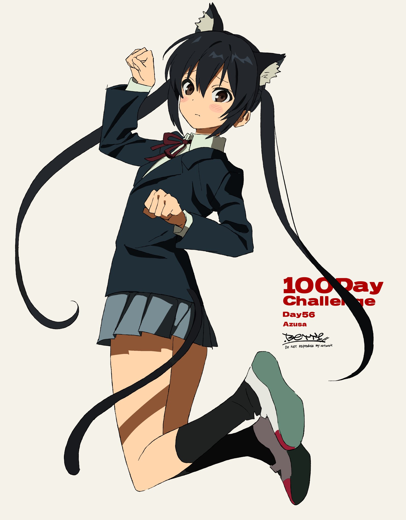 betti (xx betti), nakano azusa, k-on!, highres, 1girl, black eyes, black hair, black jacket, black socks, blush stickers, closed mouth, collared shirt, grey skirt, jacket, jumping, kemonomimi mode, long hair, looking at viewer, shirt, skirt, socks, solo, twintails, very long hair, white shirt