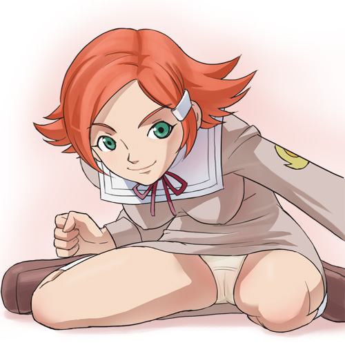 haruyama kazunori, sara kodama, overman king gainer, uniform, lowres, 00s, 1girl, breasts, covered erect nipples, dress, female focus, green eyes, hair ornament, hairclip, looking at viewer, medium breasts, orange hair, panties, pantyshot, ribbon, short dress, short hair, simple background, sitting, smile, solo, underwear, wariza, white panties