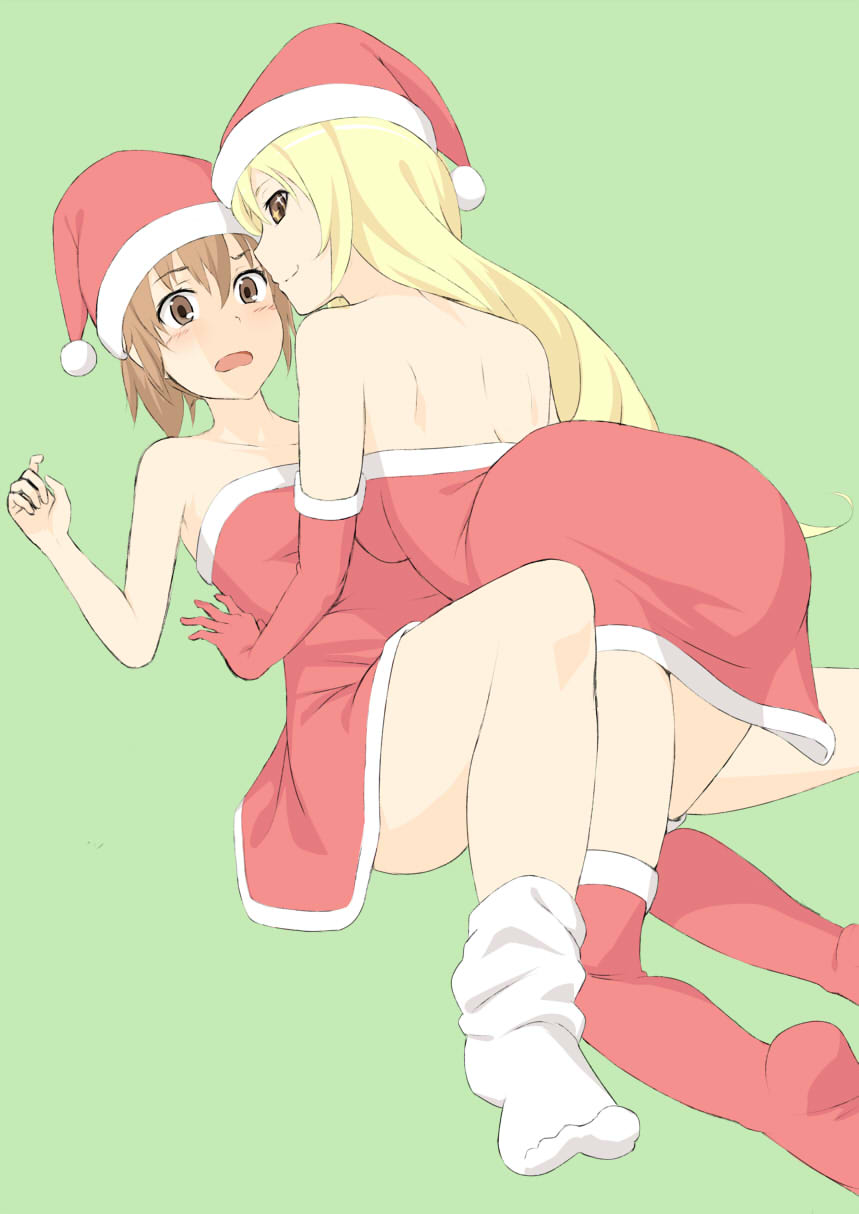 jack-barro, misaka mikoto, shokuhou misaki, toaru kagaku no railgun, toaru majutsu no index, commentary, highres, 2girls, ankle socks, ass, back, bare arms, bare shoulders, blonde hair, blush, breasts, brown eyes, brown hair, closed mouth, collarbone, dress, elbow gloves, embarrassed, foot out of frame, full body, gloves, green background, hair between eyes, hat, long hair, looking at viewer, loose socks, median furrow, medium breasts, medium hair, multiple girls, no shoes, open mouth, red dress, red gloves, red hat, red thighhighs, santa costume, santa dress, santa hat, short dress, simple background, sleeveless, sleeveless dress, smile, socks, sparkle, sparkling eyes, strapless, strapless dress, thighhighs, thighs, tube dress, white socks