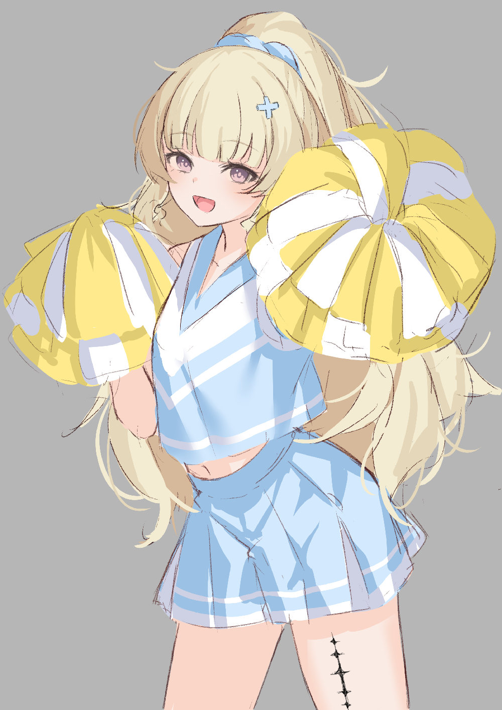kuramoto beta-carotene, phoebe (wuthering waves), wuthering waves, commentary request, highres, 1girl, alternate costume, blonde hair, blue scrunchie, blue shirt, blue skirt, cheerleader, cowboy shot, crop top, grey background, hair ornament, hair scrunchie, hands up, long hair, looking at viewer, midriff, navel, open mouth, pom pom (cheerleading), purple eyes, scrunchie, shirt, simple background, skirt, smile, solo, tacet mark (wuthering waves), very long hair, x hair ornament