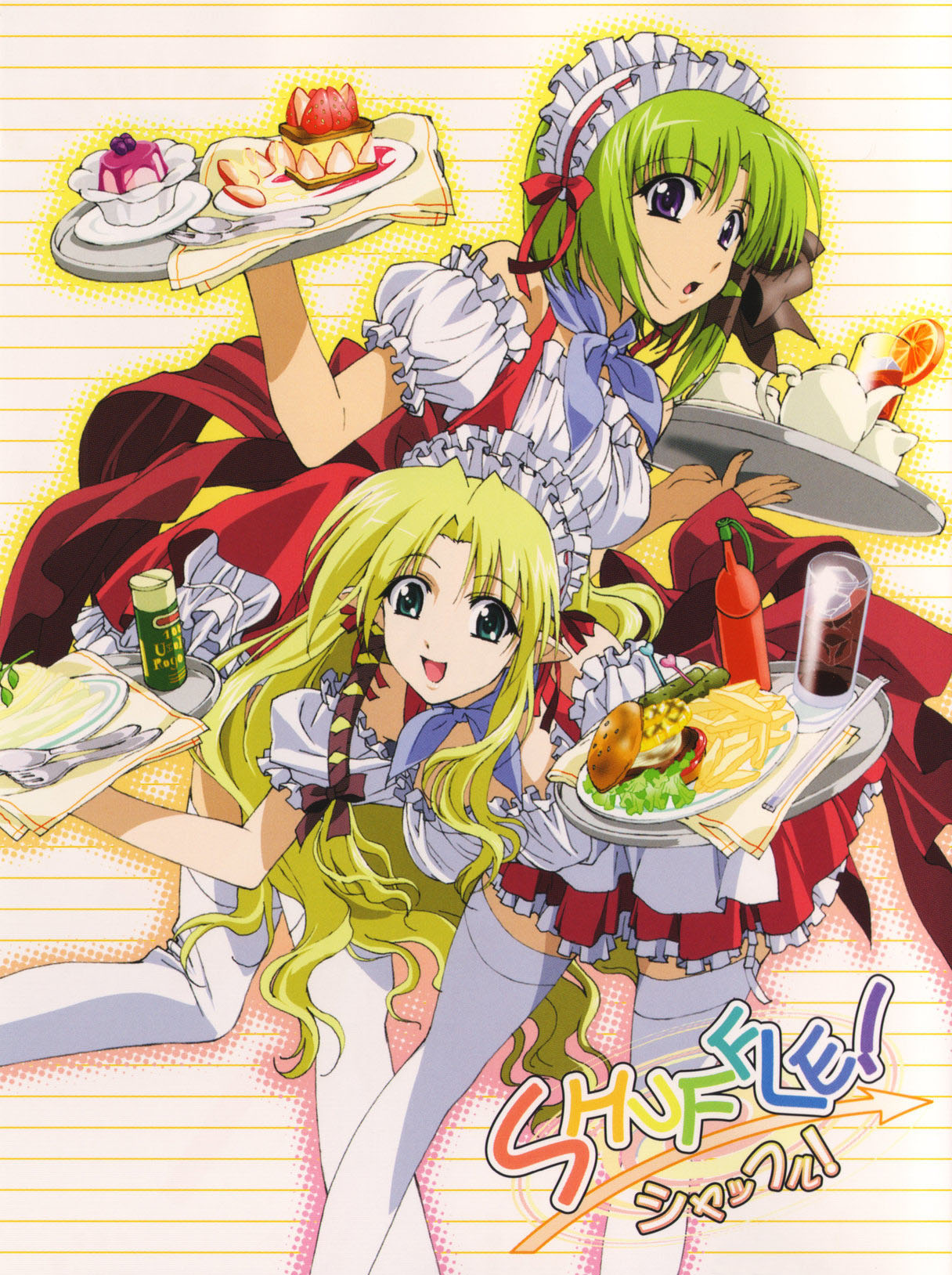 kareha, shigure asa, shuffle!, white legwear, highres, official art, 00s, 2girls, bent over, blonde hair, burger, cake, copyright name, cup, drinking glass, female focus, food, from side, fruit, garter straps, green eyes, green hair, halftone, legs apart, lettuce, long hair, miniskirt, multiple girls, onion, orange (fruit), orange slice, outline, parted bangs, pickle, pointy ears, purple eyes, running, short hair with long locks, skirt, smile, standing, strawberry, surprised, thighhighs, tomato, very long hair, waitress, wavy hair, white background
