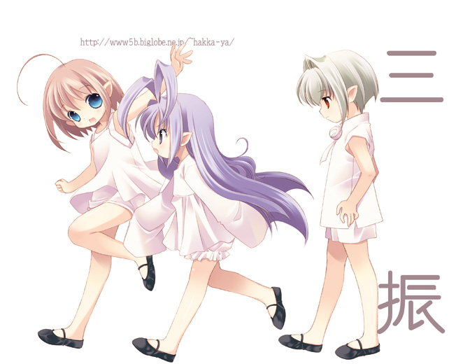 kururu (binzume yousei), tokumi yuiko, kururu (bottle fairy), rere (binzume yousei), sarara (binzume yousei), binzume yousei, 00s, 3girls, fairy, mary janes, multiple girls, pointy ears, shoes