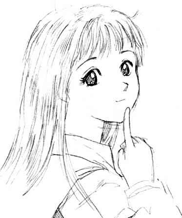 efira, lowres, 1girl, female focus, greyscale, monochrome, sketch, solo, thinking