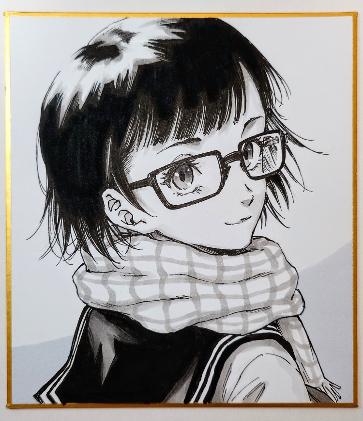 original, commentary request, marker (medium), pen (medium), photo (medium), traditional media, 1girl, closed mouth, eyelashes, from side, glasses, greyscale, light smile, looking at viewer, looking to the side, makomako1061, monochrome, plaid clothes, plaid scarf, portrait, rectangular eyewear, sailor collar, scarf, shikishi, short hair, solo, swept bangs, turning head, wispy bangs