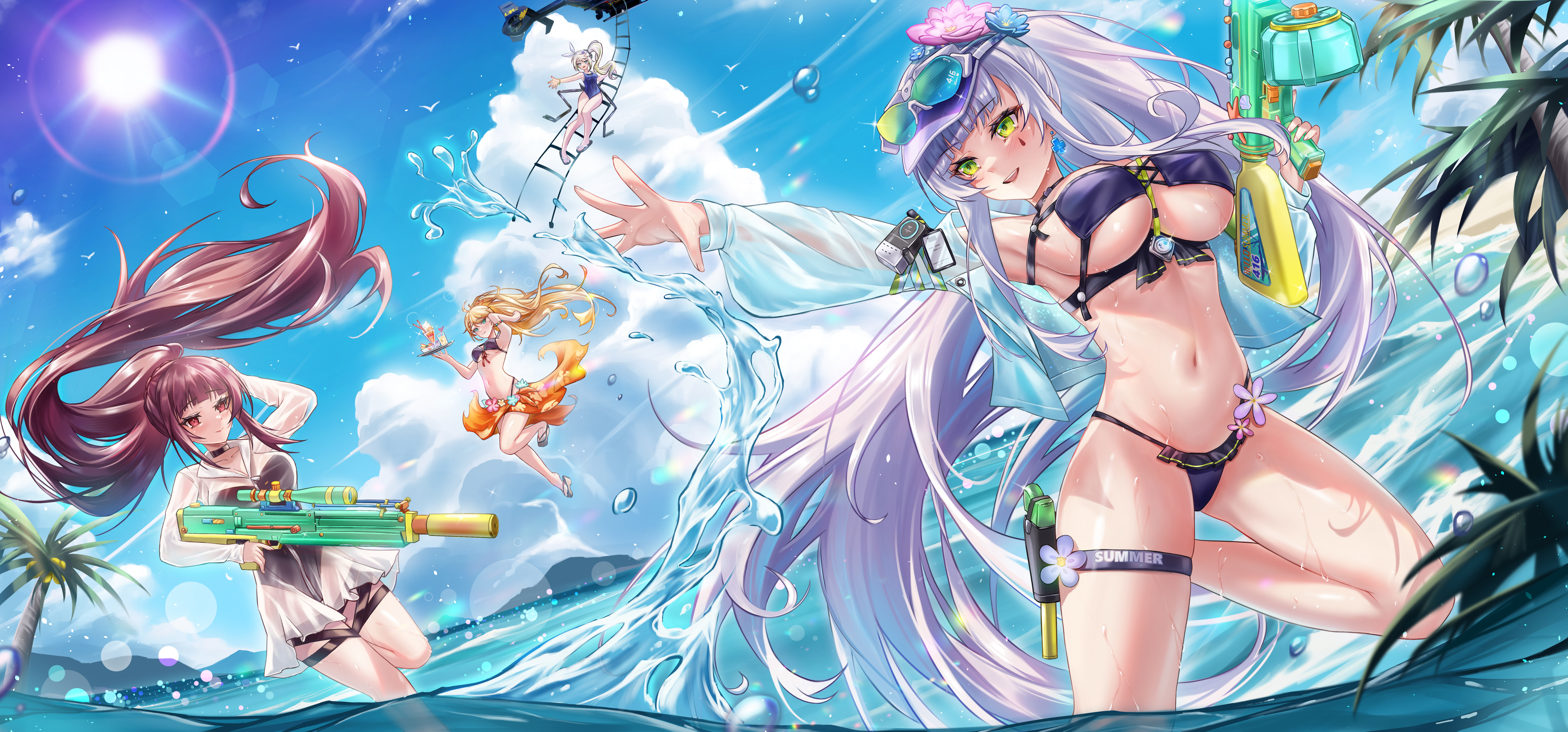 neet kuu, centaureissi (girls' frontline 2), g36 (50 days with g36) (girls' frontline), g36 (girls' frontline), hk416 (girls' frontline), klukai (cerulean breaker) (girls' frontline 2), klukai (girls' frontline 2), makiatto (girls' frontline 2), sharkry (girls' frontline 2), sharkry (swimsuit idol) (girls' frontline 2), wa2000 (girls' frontline), wa2000 (op. manta ray) (girls' frontline), girls' frontline, girls' frontline 2: exilium, absurdres, character request, check character, chinese commentary, commentary request, highres, 4girls, aircraft, bikini, black bikini, black choker, black one-piece swimsuit, blonde hair, blue one-piece swimsuit, blush, breasts, brown hair, choker, cropped jacket, cross, cross-laced bikini, cross-laced clothes, cross earrings, day, earrings, eyepatch bikini, frilled bikini, frills, goggles, goggles on headwear, green eyes, helicopter, holding, holding water gun, holster, jacket, jacket over swimsuit, jewelry, large breasts, long hair, multiple girls, navel, ocean, official alternate costume, one-piece swimsuit, open mouth, orange sarong, palm leaf, palm tree, ponytail, red eyes, sarong, see-through clothes, see-through jacket, stomach, swimsuit, teardrop facial mark, thigh holster, thigh strap, tree, very long hair, visor cap, wading, water gun, white hair, white jacket