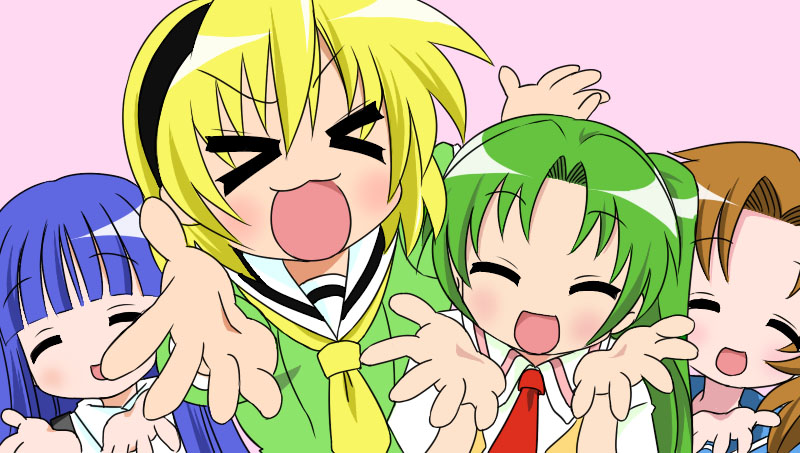 sirakaba, furude rika, houjou satoko, ryuuguu rena, sonozaki mion, higurashi no naku koro ni, lucky star, motteke! serafuku, > <, 4girls, :d, ^ ^, blonde hair, blush, close-up, closed eyes, green hair, hairband, multiple girls, necktie, open mouth, parody, parted bangs, pink background, red necktie, simple background, smile, upper body