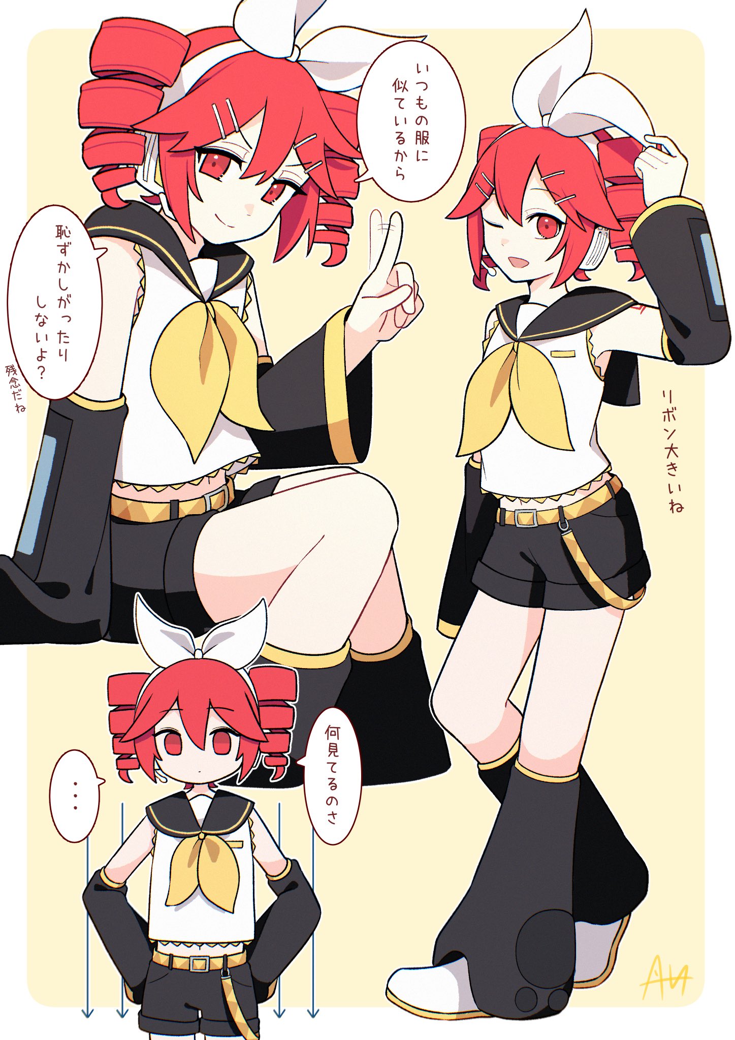 sato (r017xts117), kagamine rin, kasane teto, utau, vocaloid, commentary, highres, translated, …, 1girl, afterimage, arm up, black leg warmers, black shorts, black sleeves, bow, closed mouth, cosplay, cowboy shot, cropped legs, detached sleeves, dot mouth, drill hair, empty eyes, expressionless, flat chest joke, full body, hair between eyes, hair bow, hair ornament, half-closed eyes, hand up, hands on own hips, headphones, kagamine rin (cosplay), leg warmers, looking at viewer, midriff peek, multiple views, neckerchief, number tattoo, one eye closed, open mouth, red eyes, red hair, sailor collar, sailor shirt, shirt, shoes, shorts, sitting, sleeveless, sleeveless shirt, smile, smirk, speech bubble, spoken ellipsis, standing, tattoo, twin drills, wagging finger, white bow, white shirt, white shoes, yellow neckerchief