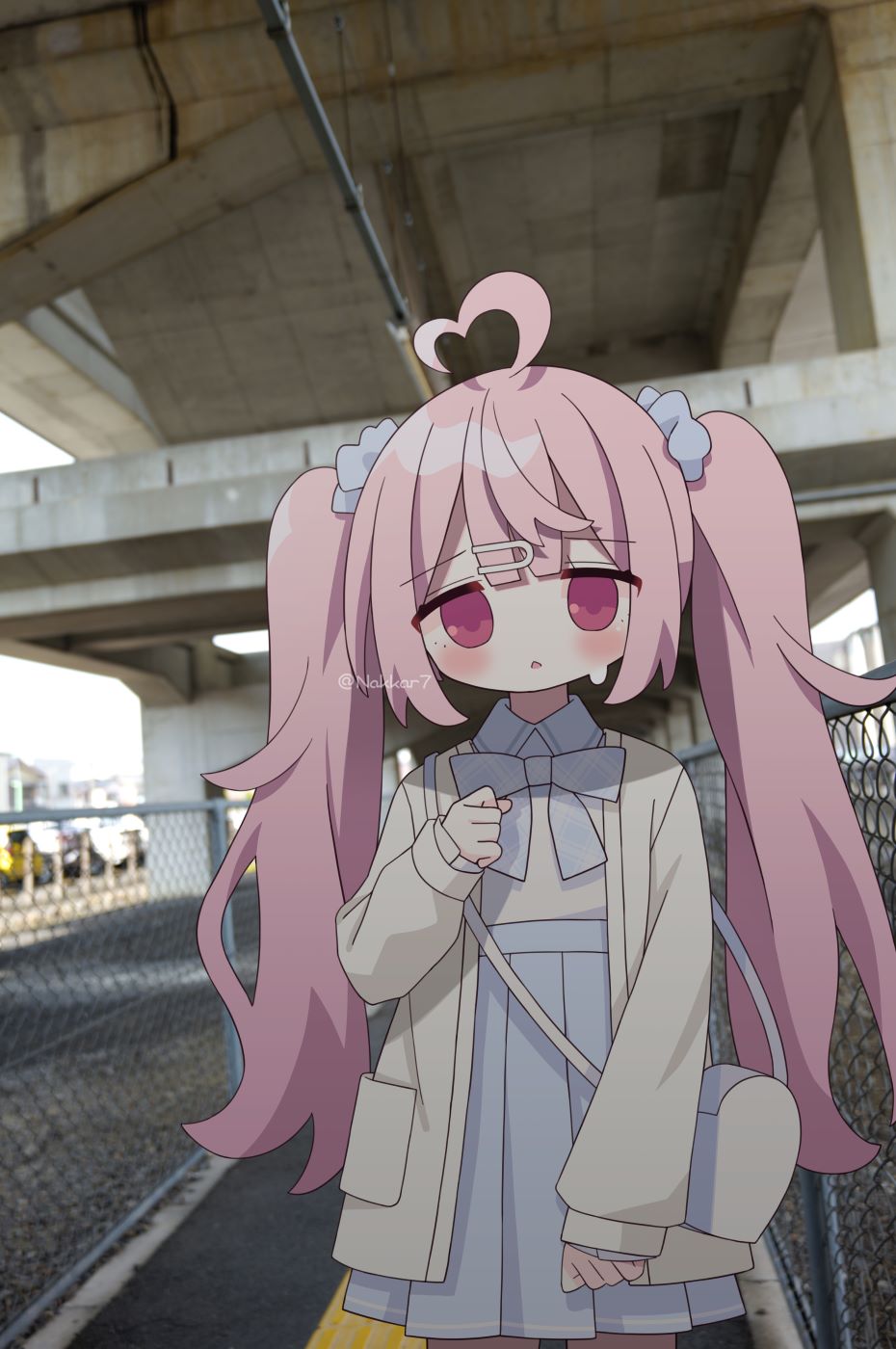 nakkar, original, commentary, highres, symbol-only commentary, 1girl, ahoge, artist name, bag, bow, hair ornament, hairclip, heart, heart ahoge, long hair, looking at viewer, open clothes, parted lips, photo background, pink hair, pleated skirt, shirt, skirt, solo, twintails, twitter username