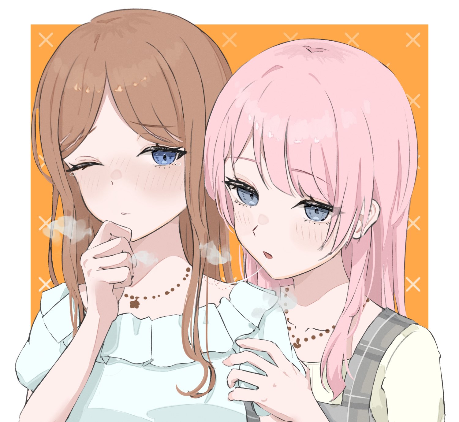 opuricheri, chihaya anon, nagasaki soyo, bang dream!, bang dream! it's mygo!!!!!, commentary, highres, 2girls, bite mark, bite mark on shoulder, brown hair, grey eyes, long hair, multiple girls, one eye closed, open mouth, pink hair, saliva, saliva trail, sidelocks, upper body, yuri