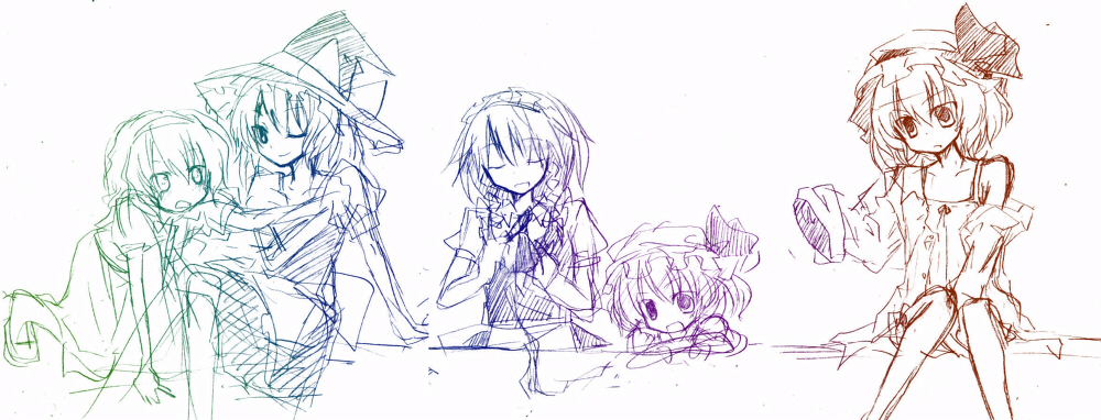 sakusakumonoka, alice margatroid, flandre scarlet, izayoi sakuya, kirisame marisa, remilia scarlet, touhou, 5girls, all fours, apron, bare shoulders, dress, female focus, hat, hat ribbon, long hair, maid, maid apron, maid headdress, mob cap, multiple girls, off shoulder, ribbon, siblings, simple background, sisters, sketch, very long hair, white background, witch hat