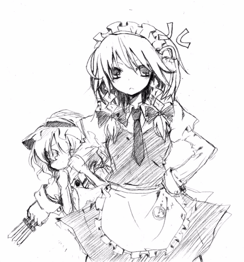 sakusakumonoka, izayoi sakuya, remilia scarlet, touhou, 2girls, between fingers, female focus, greyscale, holding, monochrome, multiple girls, sketch