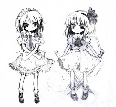 sakusakumonoka, izayoi sakuya, konpaku youmu, touhou, lowres, 2girls, female focus, greyscale, monochrome, multiple girls, sketch