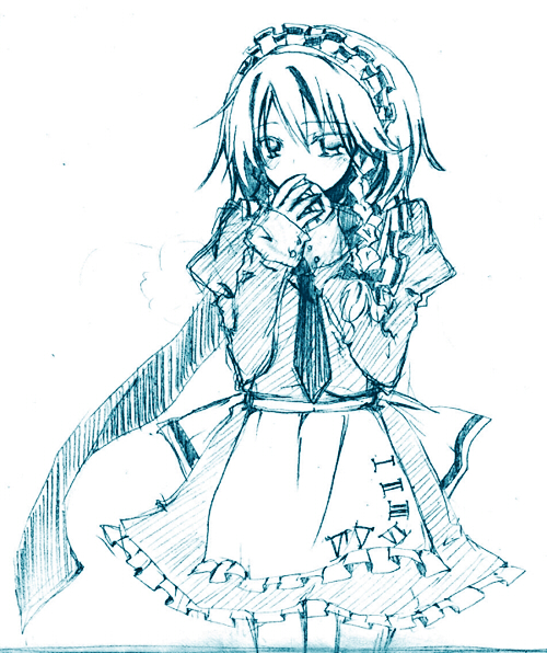 sakusakumonoka, izayoi sakuya, touhou, 1girl, aqua theme, blue theme, female focus, monochrome, sketch, solo