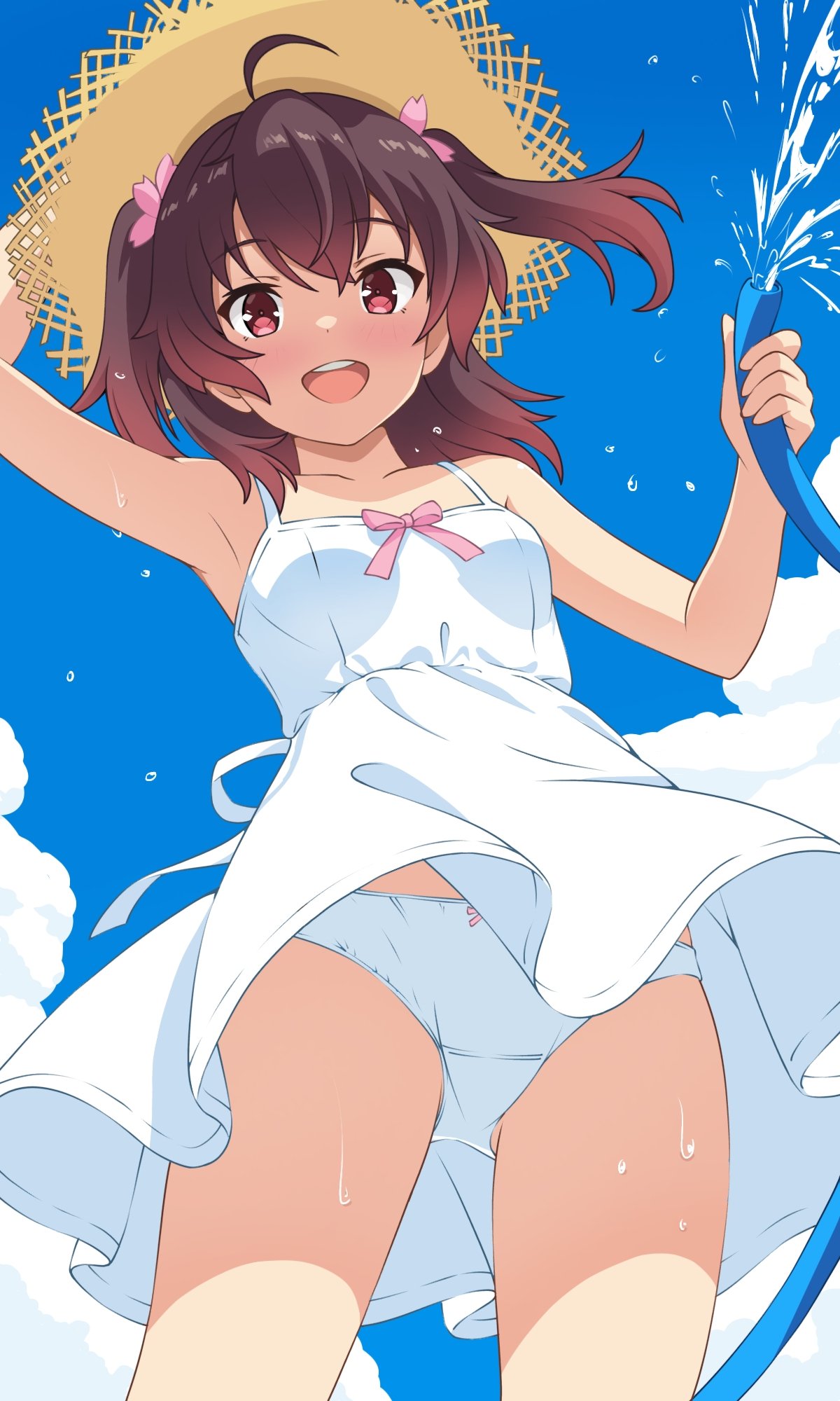 ototsu (nitta225), asakura mihono, toji no miko, highres, 1girl, bare arms, bare shoulders, breasts, brown eyes, brown hair, dress, medium hair, panties, small breasts, solo, thighs, twintails, underwear, white dress, white panties