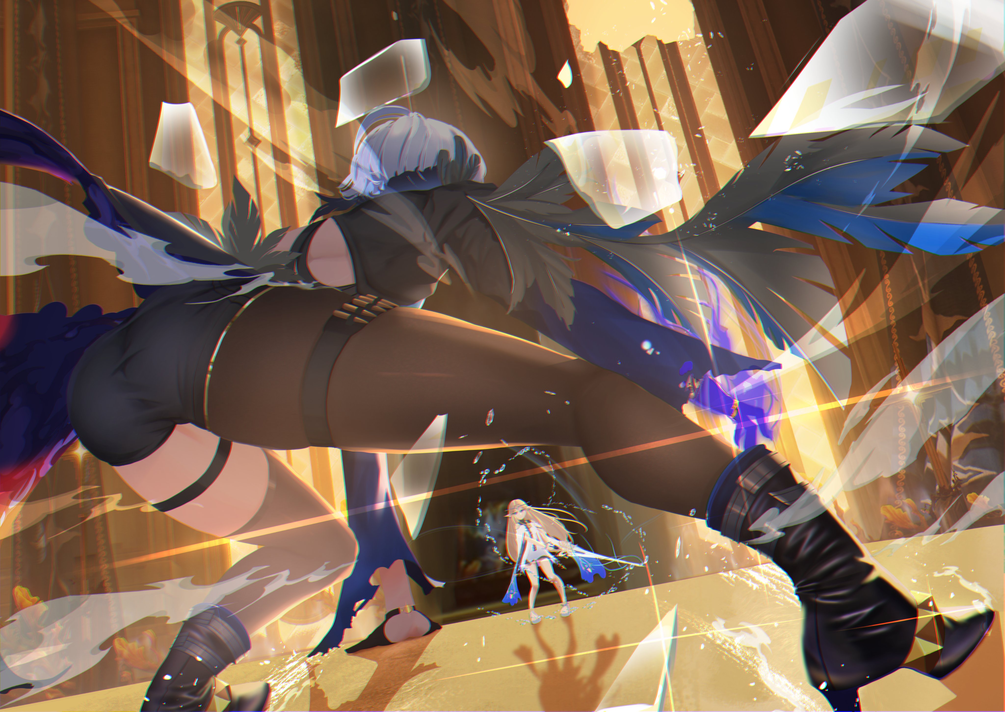 cartethyia (wuthering waves), galbrena (wuthering waves), wuthering waves, absurdres, highres, 2girls, ass, black jacket, black pantyhose, black shorts, black thighhighs, blonde hair, blue hair, bullet, colored inner hair, crown of thorns, dalianartwork, feather hair, feathers, from behind, glass, grey hair, holding, holding weapon, jacket, long hair, multicolored hair, multiple girls, pantyhose, shorts, single leg pantyhose, single thighhigh, single wing, streaked hair, sword, thighhighs, thighs, underwear, weapon, wings