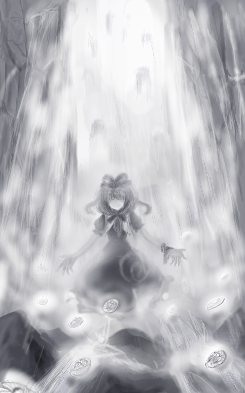 flx, kagiyama hina, touhou, 1girl, female focus, front ponytail, grey theme, greyscale, hair ribbon, long hair, monochrome, no eyes, no mouth, no nose, outstretched arms, ribbon, solo, spread arms, water, waterfall