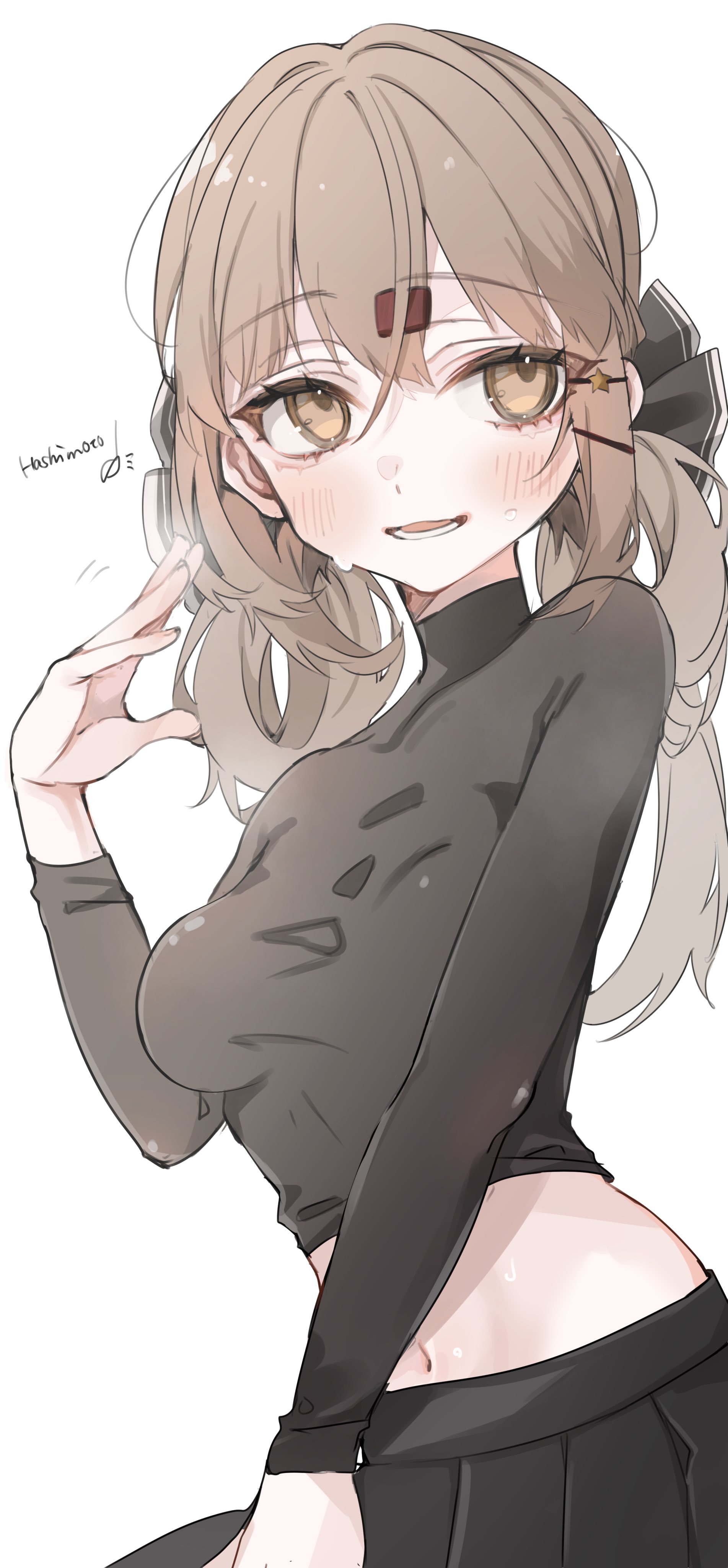 raymie0124, tashkent (kancolle), kantai collection, absurdres, commentary request, highres, 1girl, black ribbon, black skirt, blush, breasts, brown eyes, brown hair, fanning self, hair between eyes, hair ornament, hair ribbon, hairclip, long sleeves, medium breasts, midriff, open mouth, pleated skirt, ribbon, simple background, skirt, solo, sweat, turtleneck, undershirt, white background