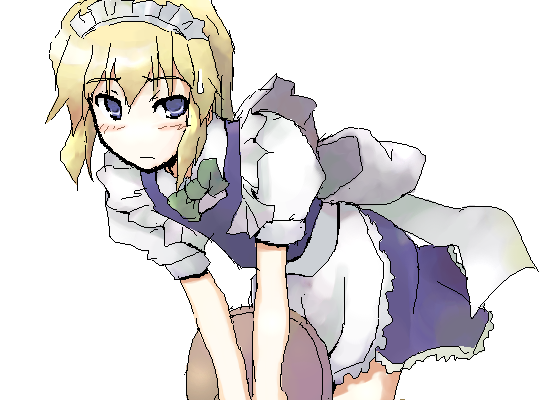 mochiki, alice margatroid, izayoi sakuya, touhou, 1girl, cosplay, dress, female focus, izayoi sakuya (cosplay), maid, oekaki, simple background, solo, white background