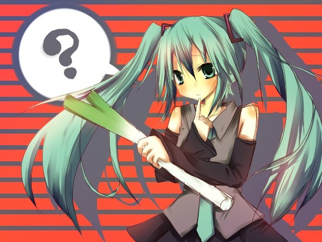 sakusakumonoka, hatsune miku, vocaloid, bad id, bad pixiv id, 1girl, ?, aqua eyes, aqua hair, detached sleeves, female focus, finger to own chin, food, necktie, solo, speech bubble, spoken question mark, spring onion, striped background, twintails, vegetable