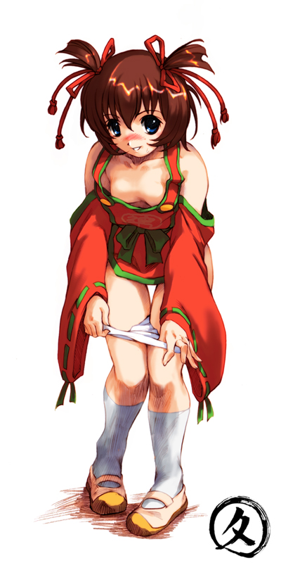 hisahiko, hitotsubashi yurie, kamichu!, 00s, 1girl, blue eyes, blush, breasts, brown hair, detached sleeves, downblouse, female focus, flat chest, full body, grin, hair between eyes, hair ribbon, japanese clothes, kneehighs, leaning forward, looking at viewer, mary janes, naughty face, no bra, panties, panty pull, ribbon, sash, shadow, shoes, short hair, short twintails, signature, simple background, smile, socks, solo, standing, thigh gap, twintails, underwear, undressing, uwabaki, white background, white panties, wide sleeves
