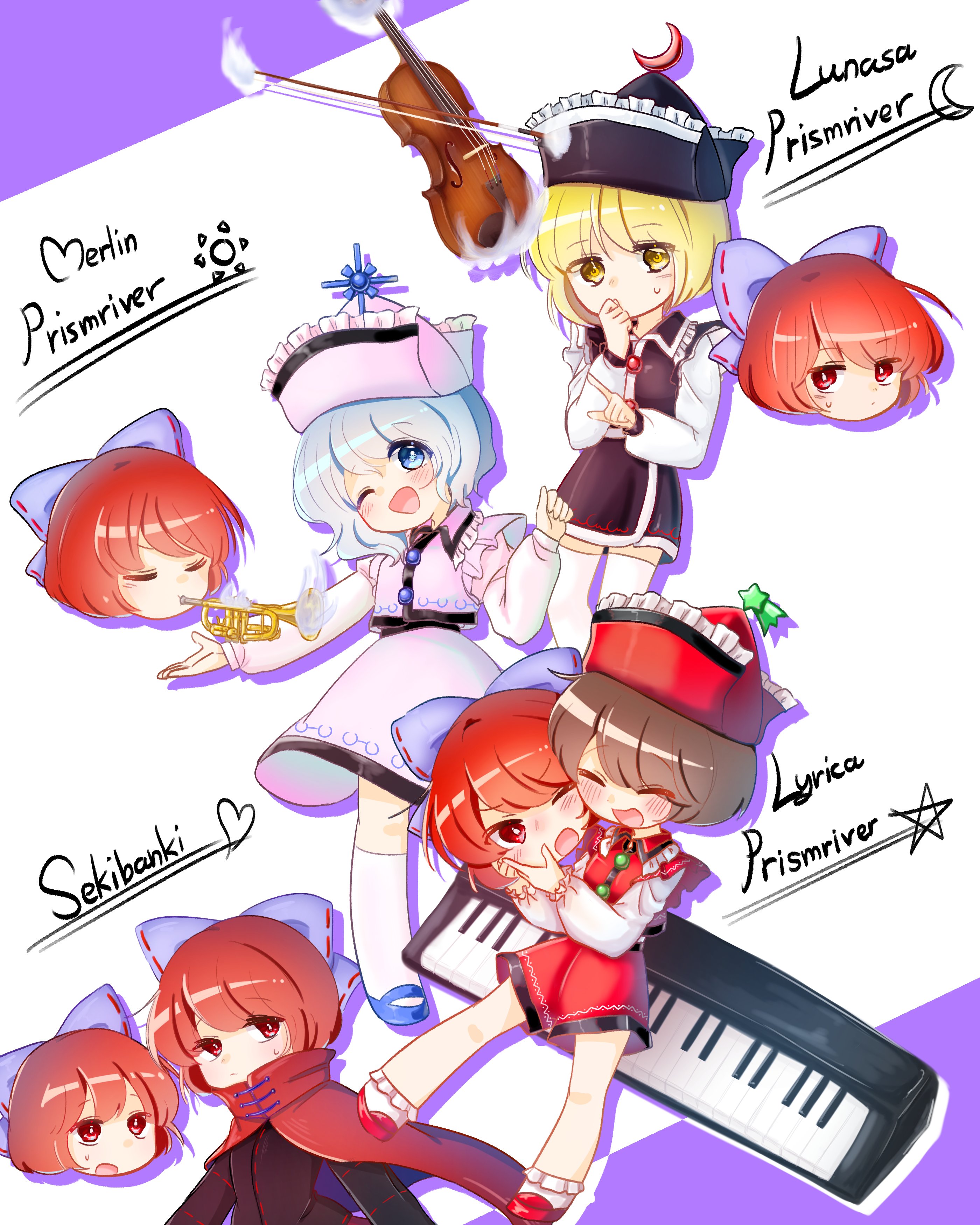 myose mo, lunasa prismriver, lyrica prismriver, merlin prismriver, sekibanki, touhou, absurdres, highres, blonde hair, blue hair, brown hair, cape, disembodied head, hat, instrument, keyboard (instrument), red cape, red eyes, red hair, trumpet, violin