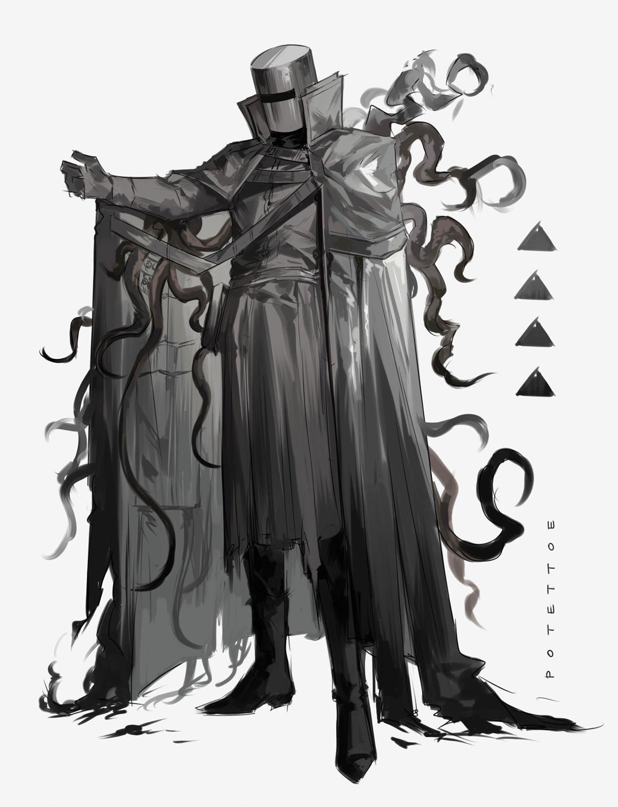 potettoe, cannot goodenough, arknights, highres, 1boy, artist name, belt, black boots, boots, cloak, full body, grey cloak, grey helmet, hand up, helmet, legs apart, male focus, pouch, simple background, solo, tentacles, tentacles on male, torn cloak, torn clothes, white background