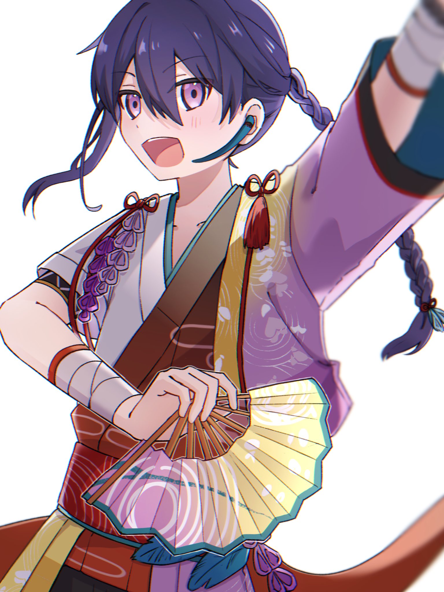 sako nako, kanzaki souma, ensemble stars!, highres, 1boy, :d, arm up, blurry, blurry foreground, braid, braided ponytail, brown kimono, collarbone peek, cowboy shot, dancing, double-parted bangs, floating hair, flower, hair between eyes, hand fan, headset, holding, holding fan, idol, japanese clothes, kimono, light blush, lone nape hair, long hair, male focus, obi, official alternate costume, official alternate hairstyle, open mouth, paper fan, purple eyes, purple hair, red sash, ripples, sash, short sleeves, simple background, single sidelock, smile, solo, tassel, teeth, two-tone kimono, upper teeth only, v-shaped eyebrows, white background, white kimono, wisteria, wisteria print, wrist wrap, xiangyun