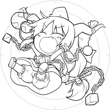 akaneya, ibuki suika, touhou, lowres, 1girl, o/, arms up, bloomers, chibi, closed eyes, fang, female focus, full body, greyscale, jumping, monochrome, outstretched arms, solo, underwear, white background