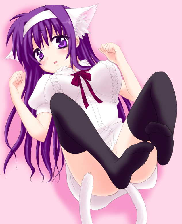 saki chisuzu, tsukimura suzuka, lyrical nanoha, mahou shoujo lyrical nanoha, 00s, 1girl, animal ears, cat ears, cat tail, feet, female focus, no panties, solo, tail, thighhighs