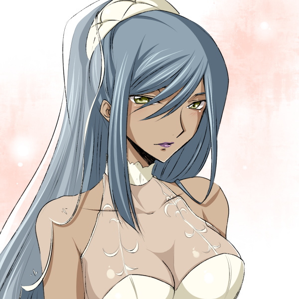 jyuru, villetta nu, code geass, silver hair, 00s, 1girl, bare shoulders, breasts, bridal veil, bride, cleavage, dark-skinned female, dark skin, dress, female focus, large breasts, lipstick, long hair, makeup, ponytail, solo, veil, wedding dress, yellow eyes
