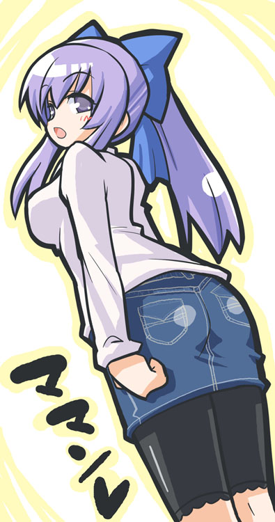 akaneya, nt-tan, os-tan, 1girl, :o, ass, blue skirt, blush, bow, breasts, denim, denim skirt, female focus, hair bow, large breasts, long hair, looking at viewer, looking back, open mouth, ponytail, purple eyes, purple hair, skin tight, skirt, solo, sweater