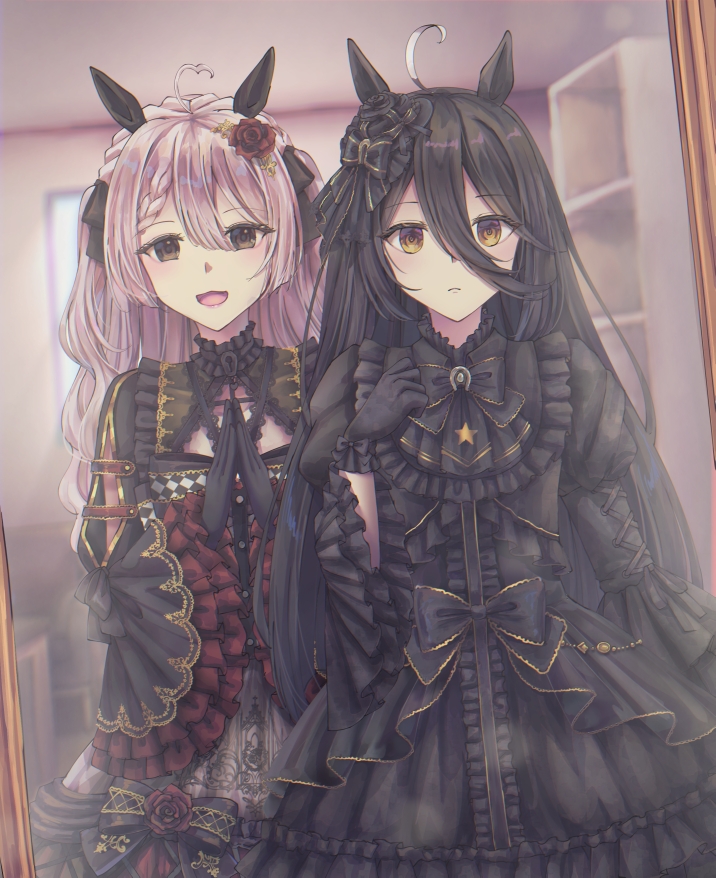 cathera, manhattan cafe (umamusume), original, umamusume, 2girls, :3, ahoge, animal ears, black bow, black dress, black gloves, black ribbon, bow, braid, braided bangs, brown eyes, closed mouth, collared dress, crown braid, dress, ear bow, expressive hair, flower, frilled dress, frills, gloves, hair between eyes, hair flower, hair ornament, hair ribbon, hand up, horse ears, horse girl, layered dress, light frown, lolita fashion, long hair, long hair between eyes, long sleeves, multicolored hair, multiple girls, open mouth, own hands together, red dress, red flower, ribbon, shell, smile, very long hair, white hair, yellow eyes