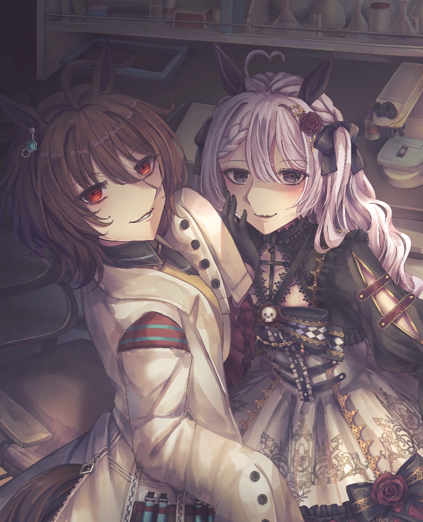cathera, agnes tachyon (umamusume), original, umamusume, 2girls, animal ears, black bow, black dress, black gloves, black necktie, black ribbon, black shirt, blue eyes, bow, braid, braided bangs, brown hair, chemical structure, coat, collared shirt, cork, dress, ear ornament, earrings, erlenmeyer flask, flask, gloves, grey dress, grey hair, hair bow, hair ribbon, hand on own face, hand up, horse ears, horse girl, horse tail, jewelry, lab coat, laboratory, lolita fashion, long hair, long sleeves, looking at viewer, microscope, multiple girls, necktie, one side up, parted lips, red eyes, ribbon, shirt, short necktie, sleeves past fingers, sleeves past wrists, smile, sweater, tail, test tube, very long hair, white coat, yellow sweater