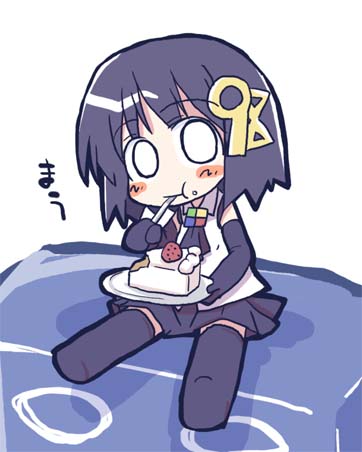 akaneya, 98-tan, os-tan, lowres, bob cut, cake, chibi, eating, food, food on face, pastry, solo, thighhighs