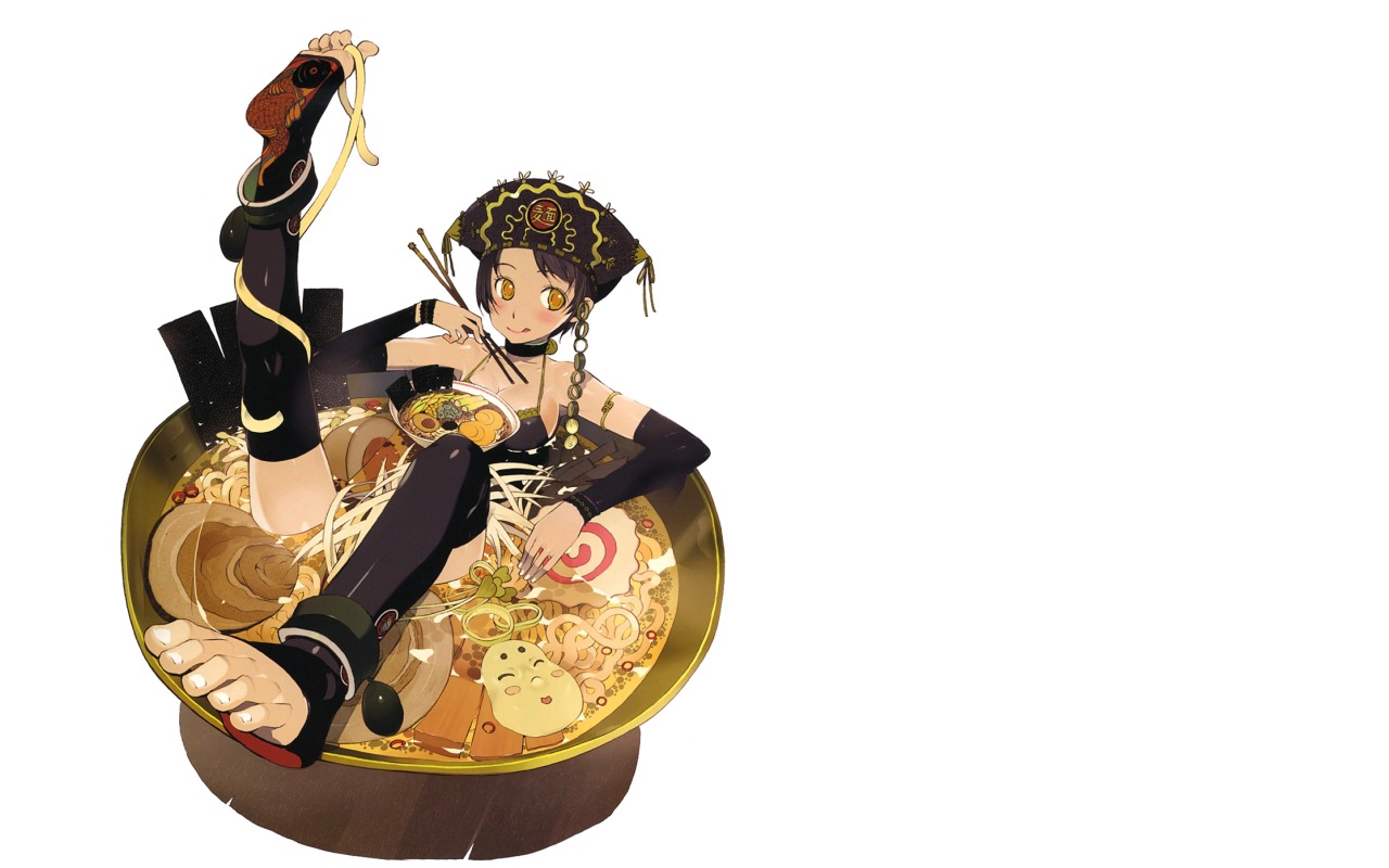 okama, original, 1girl, :q, armlet, bare shoulders, black hair, black thighhighs, blush, bowl, breasts, choker, chopsticks, cleavage, detached sleeves, feet, female focus, food, hat, in food, jewelry, large breasts, noodles, oversized object, ramen, short hair, solo, thighhighs, toeless legwear, toes, tongue, tongue out, yellow eyes