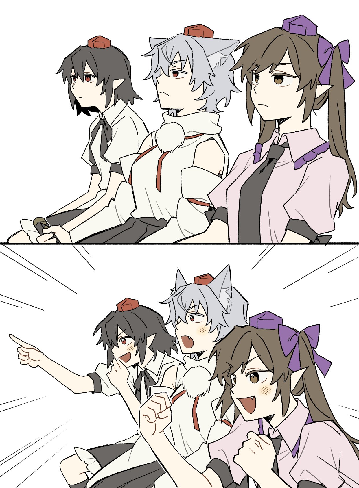 sakic43899, himekaidou hatate, inubashiri momiji, shameimaru aya, touhou, highres, black hair, fang, gaijin 4koma (meme), grey hair, hat, meme, multiple girls, necktie, pointy ears, pom pom (clothes), red eyes, shirt, twintails, white background, white shirt