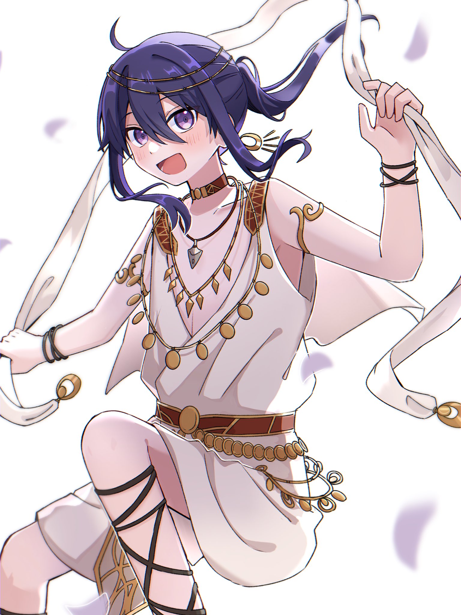 sako nako, kanzaki souma, ensemble stars!, gold armlet, highres, 1boy, :d, ahoge, ancient greek clothes, belt, blurry, blurry background, blurry foreground, blush, bracelet, brown belt, brown choker, choker, collarbone, double-parted bangs, earrings, falling petals, feet out of frame, floating, floating hair, gladiator sandals, gold belt, gold earrings, gold necklace, greco-roman clothes, hair between eyes, happy, himation, hoop earrings, jewelry, knees up, lone nape hair, long hair, male focus, multiple bracelets, multiple necklaces, necklace, official alternate costume, open mouth, pectoral cleavage, pectorals, petals, ponytail, purple eyes, purple hair, sandals, sidelocks, simple background, smile, solo, tunic, white background, white tunic