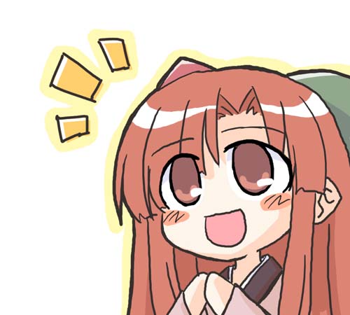 akaneya, 95-tan, os-tan, lowres, 1girl, :d, ^^^, blush, bow, chibi, female focus, green bow, hair bow, long hair, open mouth, own hands together, red eyes, red hair, simple background, smile, solo, upper body, white background