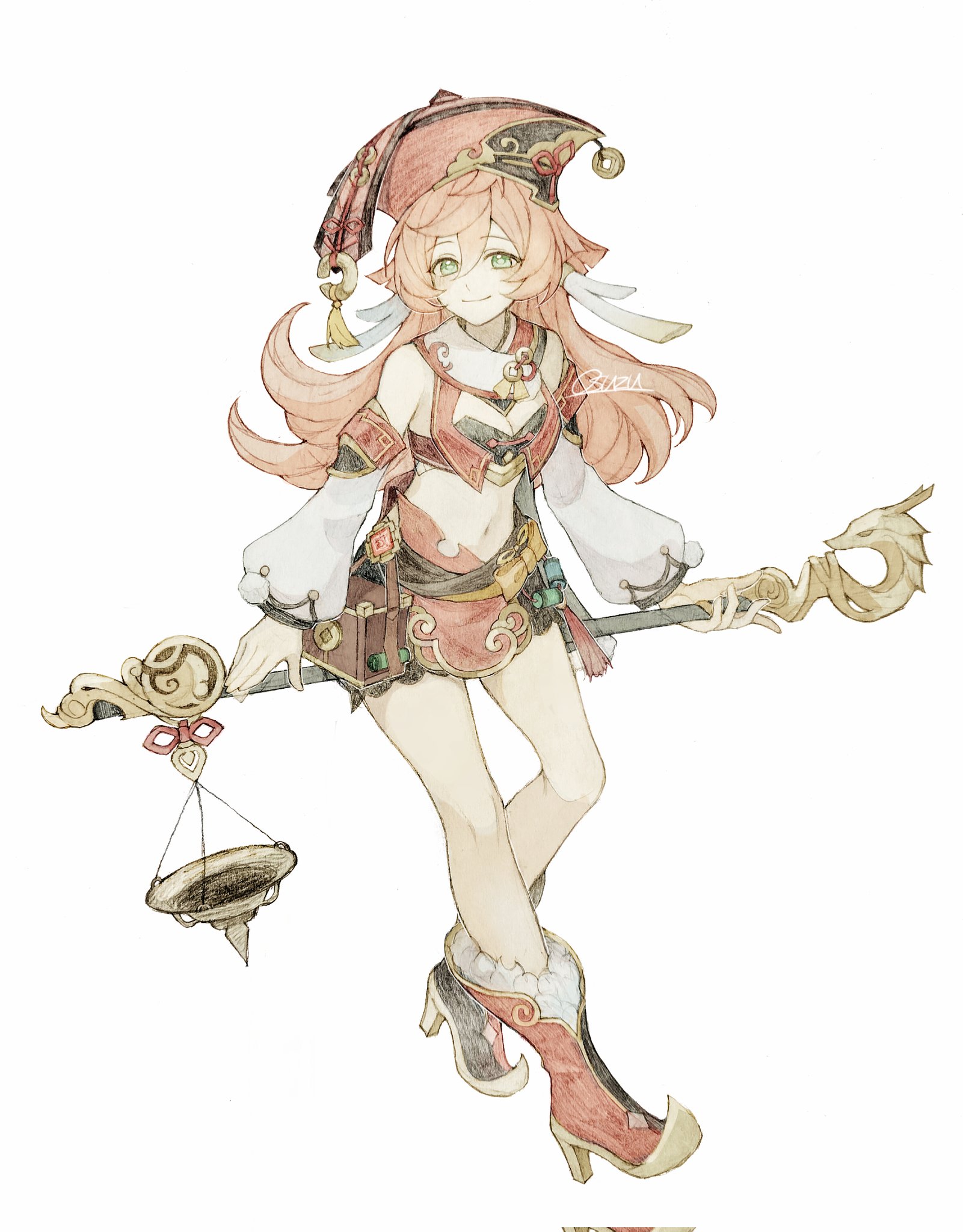 osuzu0613, yanfei (genshin impact), genshin impact, highres, 1girl, antlers, balance scale, bare shoulders, boots, breasts, chinese clothes, detached sleeves, full body, green eyes, hair between eyes, hat, high heel boots, high heels, horns, long hair, looking at viewer, pink hair, puffy detached sleeves, puffy sleeves, red hat, red skirt, simple background, skirt, small breasts, smile, solo, stomach, vision (genshin impact), weighing scale, white background