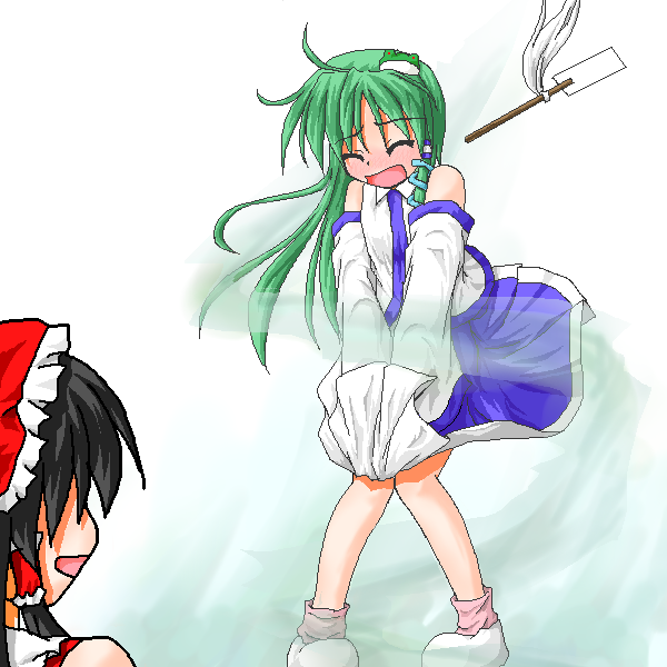 telya, hakurei reimu, kochiya sanae, touhou, eyebrows, 2girls, bare shoulders, black hair, closed eyes, detached sleeves, female focus, frog hair ornament, gohei, gradient background, green hair, hair ornament, hair tubes, japanese clothes, knees together feet apart, long hair, miko, multiple girls, oekaki, open mouth, shirt, skirt, snake hair ornament, white background, white shirt, wind, wind lift