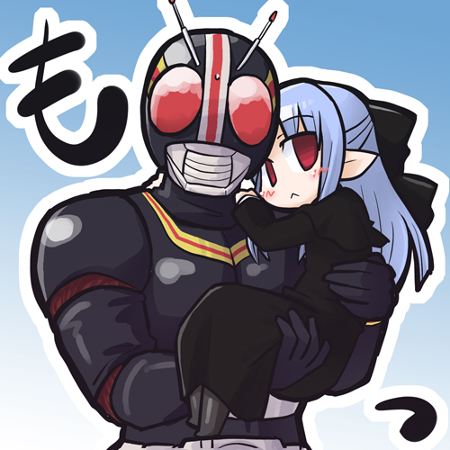 akaneya, kamen rider black, len (tsukihime), kamen rider, kamen rider black (series), tsukihime, lowres, 00s, 1girl, :<, antennae, blue hair, carrying, chibi, crossover, half updo, pointy ears, princess carry, red eyes